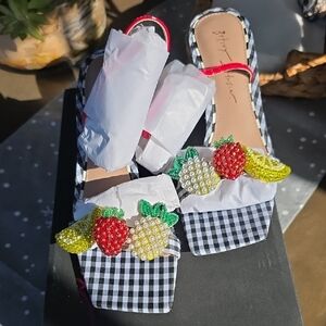 Betsey Johnson Gingham Square Toed, Beaded Fruit With Red Patten Slingback Pumps